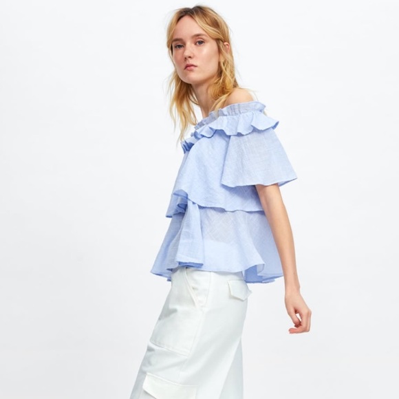 Zara NWOT Ruffled Off The Shoulder Top - Picture 6 of 8
